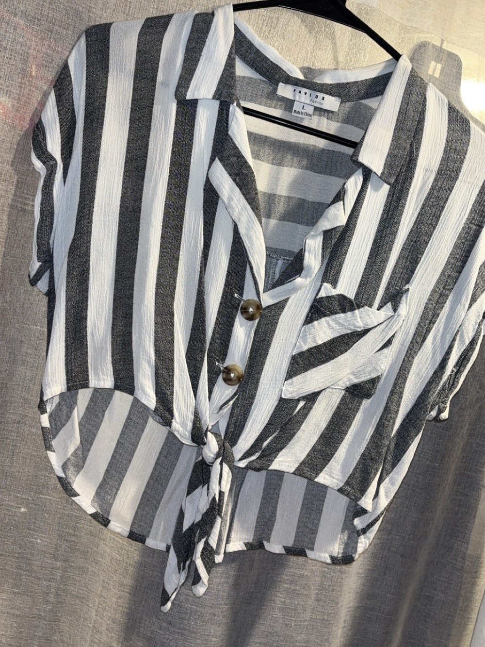 FAVLUX Gray and White Striped Button-Up Top